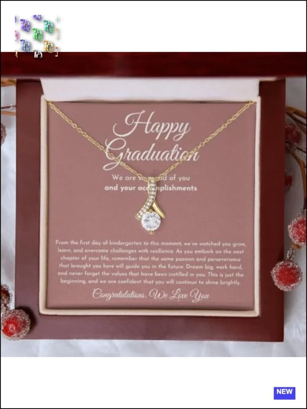 Ribbon Pendant Necklace with Cubic Zirconia, 18K Yellow Gold Finish, Adjustable